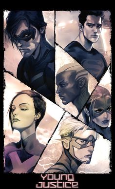 the young justice movie poster is shown with many different faces and hair styles, including one man