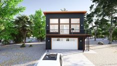 a car is parked in front of a two story house with a balcony and garage