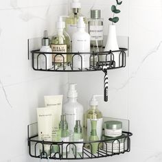 two black metal shelves holding different types of skin care products