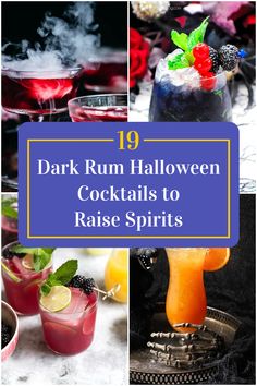 Collage of 4 dark rum halloween cocktails. Spiced Rum Halloween Drinks, Rum Halloween Cocktails, Dark Rum Cocktail Recipes, Alcoholic Drinks Rum, Dark Rum Drinks, Rum Drinks Easy, Dark Rum Cocktails, Spiced Rum Cocktails, Coconut Rum Drinks