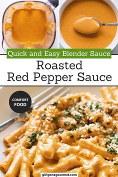 the recipe for roasted red pepper sauce is shown in three different pictures, including an image of