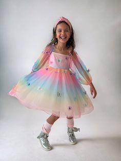 Rainbow Butterfly Ombre Dress Crystal Hoodie, Enchanting Dress, Butterfly Embellishment, Flower Sweater, Ombre Design, Ombre Dress, Rainbow Sweater, Normal Clothes, Rainbow Butterfly