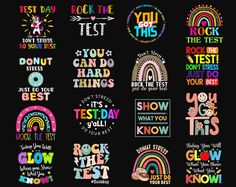 some colorful stickers on a black background