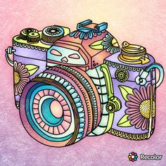 a drawing of a camera on a pink background