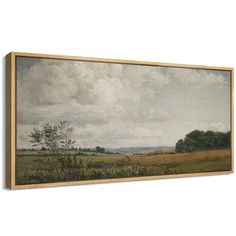 a painting on the wall of a field with trees and clouds in the sky above