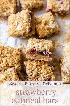 strawberry oatmeal bars are stacked on top of each other