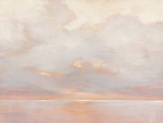 an oil painting of the ocean at sunset with clouds in the sky and one boat out on the water