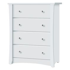 a white dresser with four drawers and two doors on the top shelf, against a white background