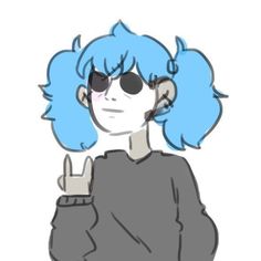 a drawing of a person with blue hair and sunglasses on, giving the peace sign