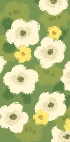 an abstract painting of white and yellow flowers on a green background with black dots in the center