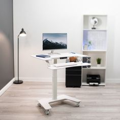 a computer desk with a monitor and keyboard on it