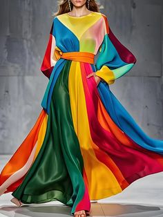 Buy Inexpensive Dresses at Stylewe online store, SPU: 11UDR7U3CFE, Color: As Picture, Accessories:Belt, Dress length:Maxi. Silk Dresses Long, Evening Maxi Dresses, Colorful Maxi Dress, Long Sleeve Outfits, Balloon Sleeve Dress, Silk Dress Long, Silk Dresses, Half Sleeve Dresses, Linen Maxi Dress