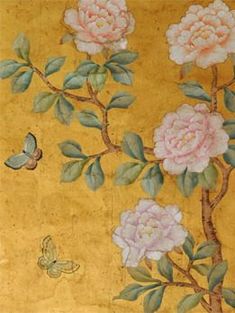 an old painting with flowers and butterflies on the wall next to a butterfly flying by