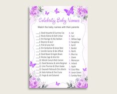 a baby shower game with purple flowers and butterflies on the front, which reads new sweet it's