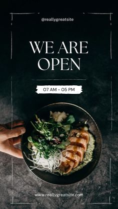 a person holding a plate with food on it and the words we are open above it