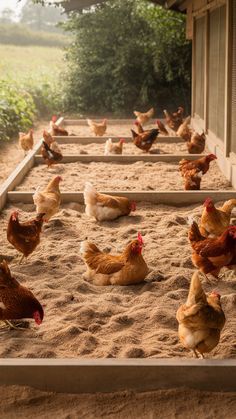 many chickens are walking around in the sand near a building with a porch and windows