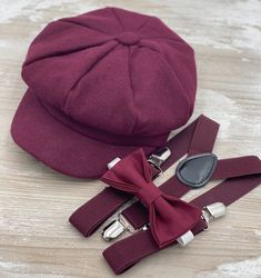 Tweed Newsboy Cap | Wine Suspenders | Cabernet Bow Tie | Ring Bearer Outfit | Burgundy Cake Smash Outfit | Page Boy Cap | Fall Wedding Set Adjustable Brimmed Mini Hat As Gift, Adjustable Flat Cap For Parties, Navy And Burgundy Ring Bearer Outfit, Adjustable Flat Cap Mini Hats For Party, Classic Adjustable Mini Cap Hat, Navy Blue Maroon Ring Bearer, Burgundy Ring Bearer, Flower Boy Burgundy, Pageboy Hat