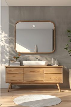 a bathroom with a sink, mirror and potted plant