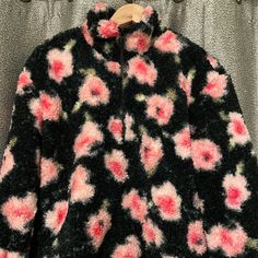 Sandy Liang X Target Black/Pink Floral Print Puffy Sherpa Jacket - Size Small Nwt! Winter Pink Outerwear With Floral Print, Winter Floral Print Pink Outerwear, Winter Pink Floral Print Outerwear, Cream Puffer Jacket, Fleece Denim Jacket, Half Zip Jacket, Sandy Liang, Grey Vest, Hooded Raincoat