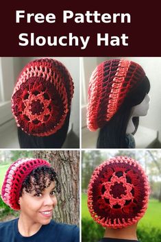 three pictures showing different views of a crocheted hat with the text free pattern slouchy hat