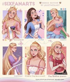 the six princesses from disney's sleeping beauty are depicted in this cartoon character sheet