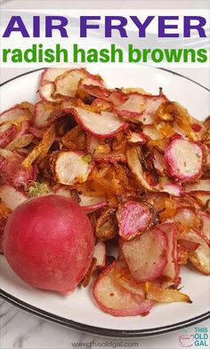 a white plate topped with radish hash browns and an apple next to the words air fryer radish hash browns