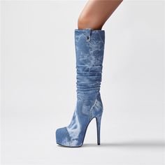 Shop Denim Platform Stiletto High Heel Boots Slouchy Pull On Knee High Boots color Blue for Big Day, Dancing Club, Going out, Hanging out, Night Club, Party with worldwide Free shipping & Free return. Dancing Club, Boots Long, Dance Club, Platform Stilettos, Club Party, High Heels Stilettos, Heel Boots, Shoe Size Chart, Women's Boots