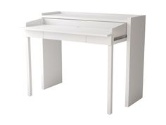 a white desk with an open drawer on the top and one drawer at the bottom