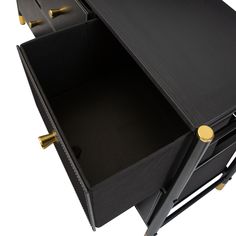 a black desk with two drawers and gold handles