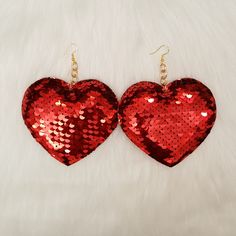 Bold Red Sequin Heart Statement Earrings. The Sequins Flip To Gold. Gold Plate Over Sterling Silver Ear Wires. Red Heart Charm Earrings For Party, Red Double Heart Earrings For Party, Red Heart Beads Earrings For Party, Red Valentine's Day Festive Earrings, Red Heart Earrings For Valentine's Day, Heart-shaped Earrings For Valentine's Day Party, Double Heart Earrings For Valentine's Day Party, Valentine's Day Double Heart Earrings For Party, Valentine's Day Heart Earrings For Party