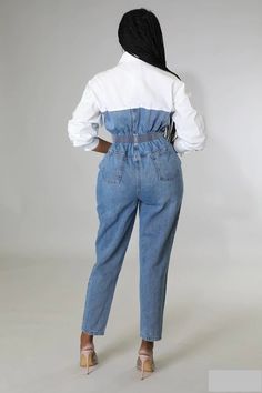 White Collared denim button down jumpsuit with elastic waist band. Aside from the waist, there is no stretch on this jumpsuit. Model is wearing a size small Casual Long Sleeve Jumpsuits And Rompers With Elastic Waistband, White Casual Denim Jumpsuit, Casual White Denim Jumpsuit, Casual High Waist Jumpsuits And Rompers, White Denim Casual Jumpsuits And Rompers, Casual White Denim Jumpsuits And Rompers, Woman Jumpsuit, Emma Jane, Stretch Jumpsuit