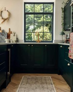 a kitchen with dark green cabinets and an area rug in front of the window that has plants on it