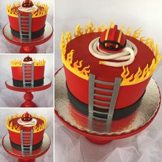 the cake is decorated like a firetruck with ladders on top and flames coming out of it