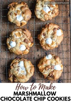 Wire rack full of marshmallow chocolate chip cookies. Marshmallow Chocolate Chip Cookies, Marshmallow Cookie Recipes, Chocolate Chip Marshmallow, Chocolate Chip Marshmallow Cookies, Veggie Desserts, Chocolate Chip Walnut Cookies, Marshmallow Chocolate