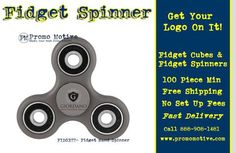 the fidget spinner logo on it is black and gray with white letters that read,