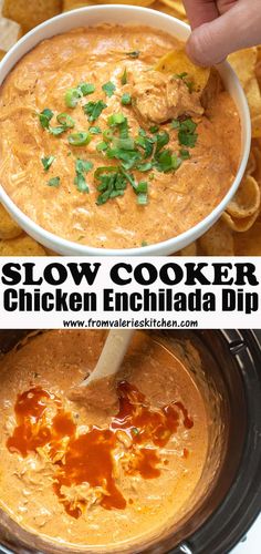 slow cooker chicken enchilada dip in a crock pot with tortilla chips