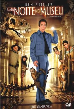 the poster for night at the museum with an image of a man standing in front of dinosaurs