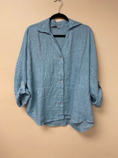 Meo Meli, 3291,Italian linen v neck, button down shirt, long sleeves that can be rolled and kept in place with a button, light, and soft, easy wear, boyfriend style shirt, one size, roomie, versatile, can be worn casual or formal, can be worn as a light jacket, Long Sleeve Button Up, Linen Button Up, Linen Button Down, Thrifting Ideas, V Shirt, Linen Long Sleeve Top, Baggy Shirts, Summer Wishlist, Jacket Making