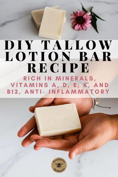 Looking for an easy way to enjoy tallow benefits for skincare? This tallow lotion bar recipe makes using tallow to moisturize skin so convenient. Tallow is abundant in conjugated linoleic acid which has powerful anti-inflammatory properties, rich in minerals and full of fat soluble vitamins A, D, E, K, and B12 so it's the perfect moisturizer for dry wintertime skin. 
Save now and read later! Make Your Own Lotion, Tallow Lotion, Lotion Bar Recipe, Handmade Lotion, Lotion Bars Diy, Lotion Bars Recipe