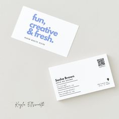 two business cards with the words fun, creative and fresh printed on them next to each other