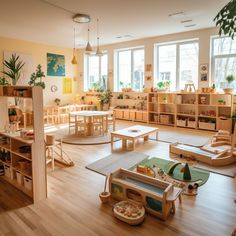 a child's playroom with wooden toys and tables