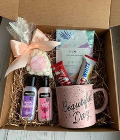 a pink coffee mug filled with personal care items