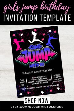 This is a DIY editable Trampoline Park Birthday Party Invitation for Girls party. Simply purchase this digital template from my Etsy Store and you receive it instantly, make edits to the template, save and download it. It can be downloaded as many times as you want. Print at home or in any print shop. #kidsbirthdayparty #bouncehousebirthday #playgroundparty #jumpbirthdayparty Trampoline Park Birthday Party, Playground Party, Bounce House Birthday, Park Birthday Party, Park Birthday