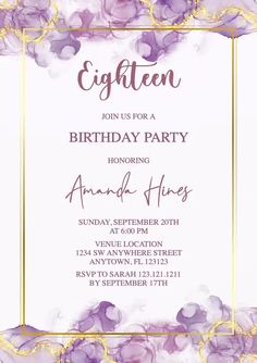 an elegant purple and gold birthday party card