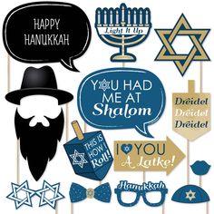 happy hanukkah photo booth props with jewish symbols and speech bubbles on them