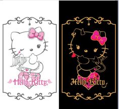 the hello kitty logo is shown in two different colors and sizes, one with a bow on