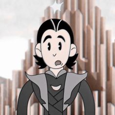 a cartoon character standing in front of some buildings