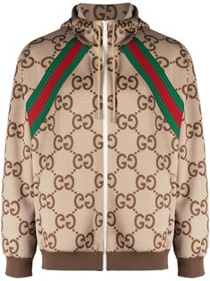 GG-monogram zip hooded jacket from Gucci featuring brown, multicolour, monogram jacquard, cotton, drawstring hood, front zip fastening, long sleeves and straight hem. Gucci Jacket, Hooded Jacket Men, Sport Swimwear, Sports Sweatshirts, Gucci Men, Cashmere Wool, Sport Pants, Shearling Jacket, Casual Jacket