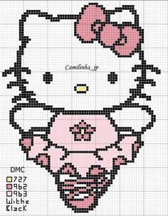 a cross stitch hello kitty with pink flowers on it's head and the words, `