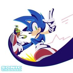 sonic the hedgehog is riding on top of a skateboard and holding a drink in his hand